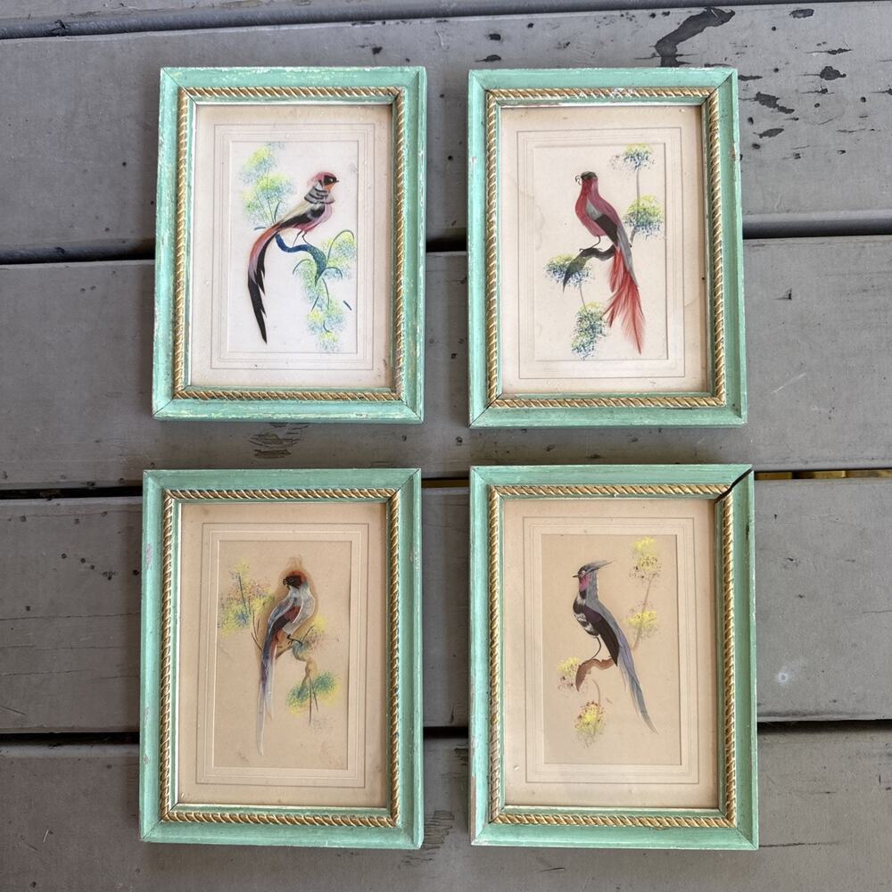 Vintage Mexican Feather Art Bird Framed 4pc Set Carved Mint Green Rope Wood